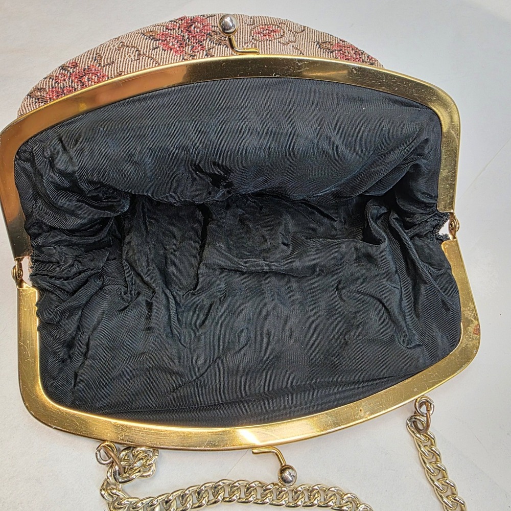 Vintage Floral‎ Tapestry Handbag Medium Pink Gold Kiss Lock Evening Bag Clutch - Picture 3 of 10